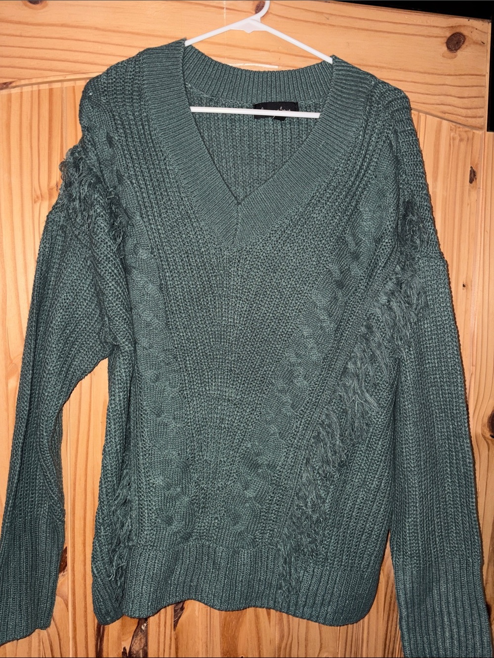 V-Neck Cable Knit Sweater in darker green plus size 2X Alison Andrew’s